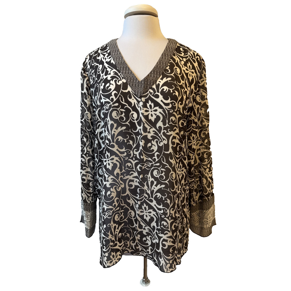 Chico's Womens 2, US Lg Boho Brown Floral 100% Silk Sheer Long Sleeve Tunic Chic